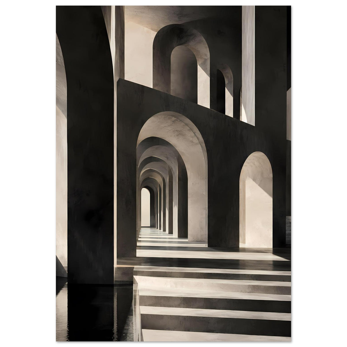 Architekturposter im Hochformat mit langen Bogenreihen in Schwarz und Beige