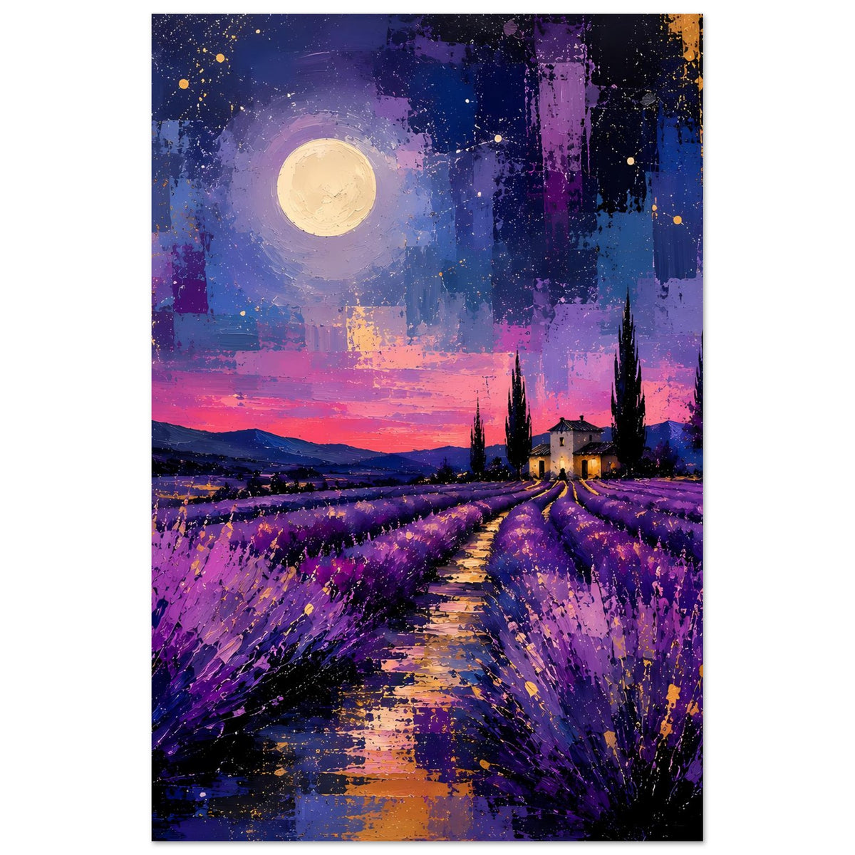 Lavendel-Landhaus-Poster mit Vollmond, violettem Feldweg und Zypressen im Hintergrund