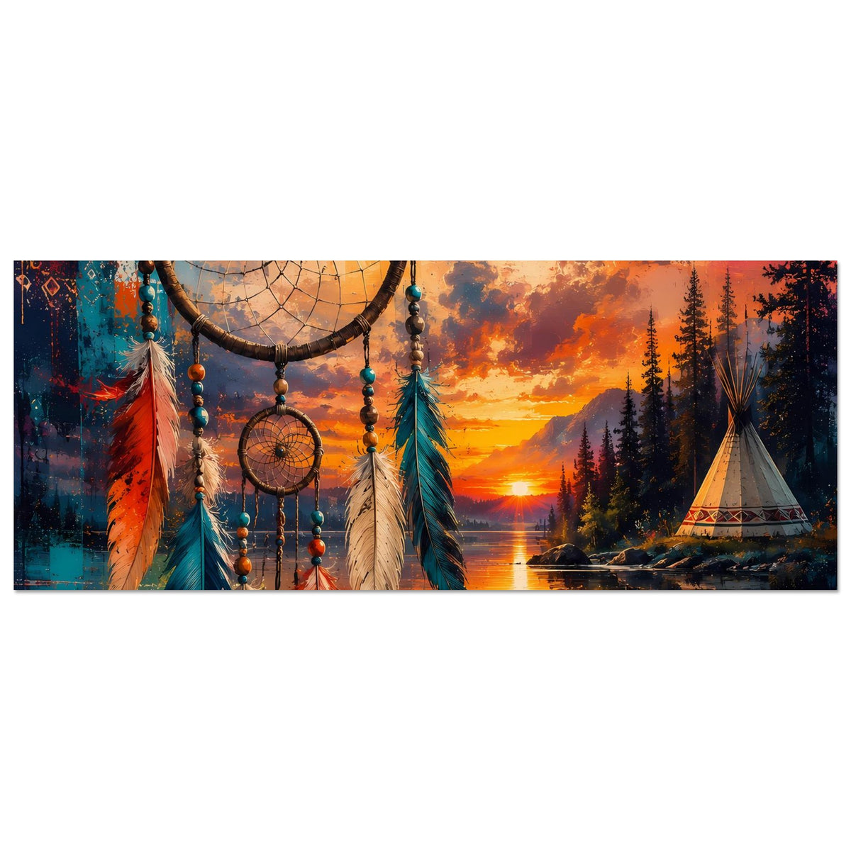 Horizontales Boho Traumfänger-Poster: Kreis mit Federn, Sonnenuntergang am See