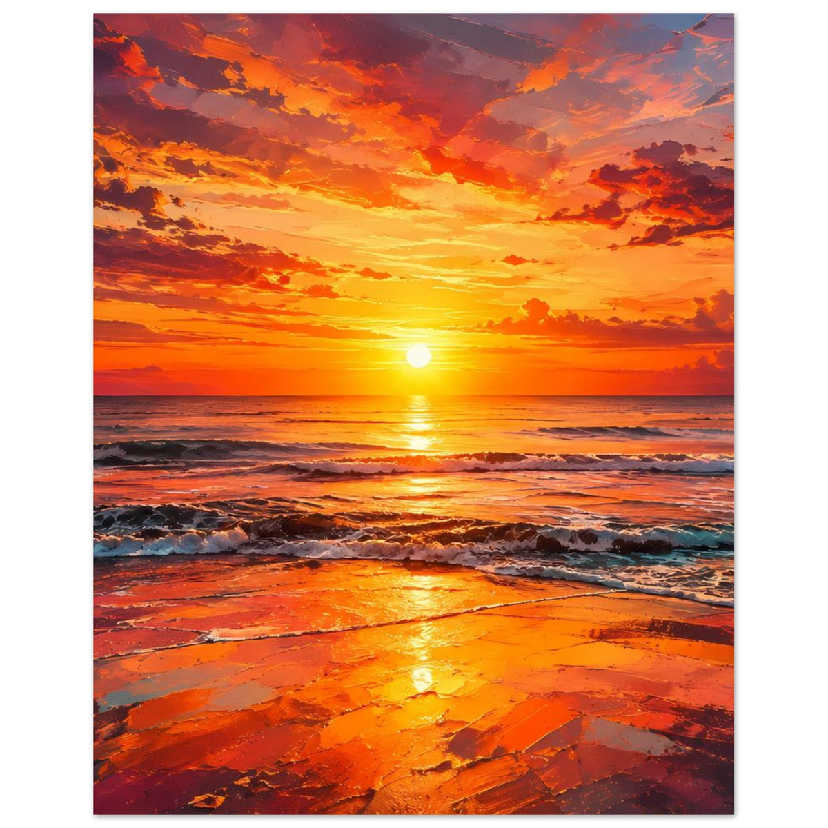 Poster im Hochformat mit orangefarbenem Himmel, tiefer Sonne und Küstenlinie mit Brandungswellen