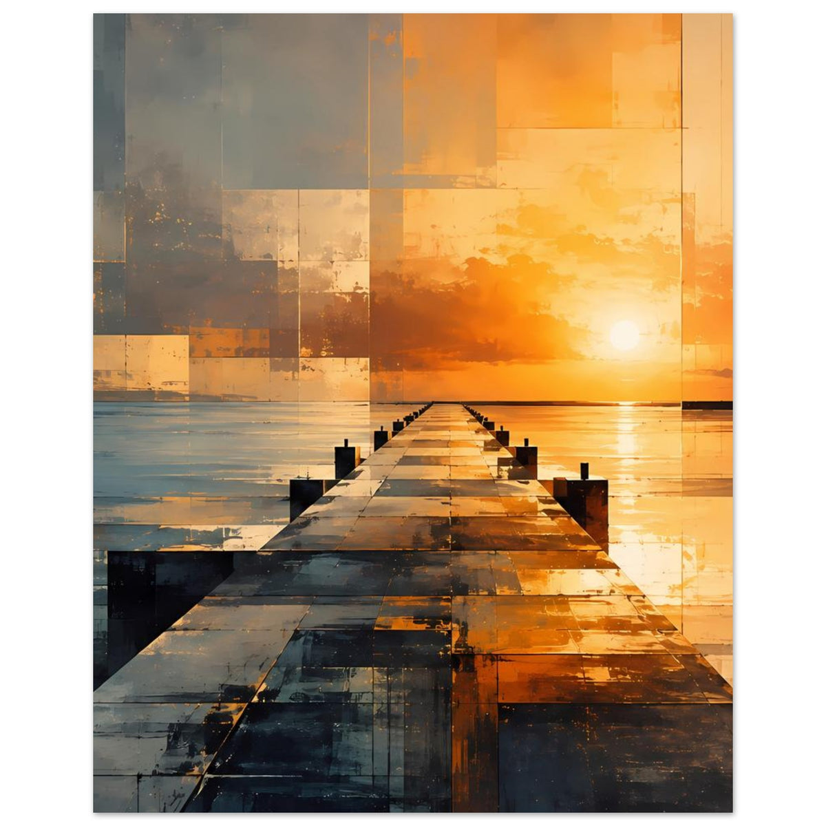 Hochformat-Wandposter mit geometrischem Steg am Meer, warmes Orange mit dunklen Blau-Tönen