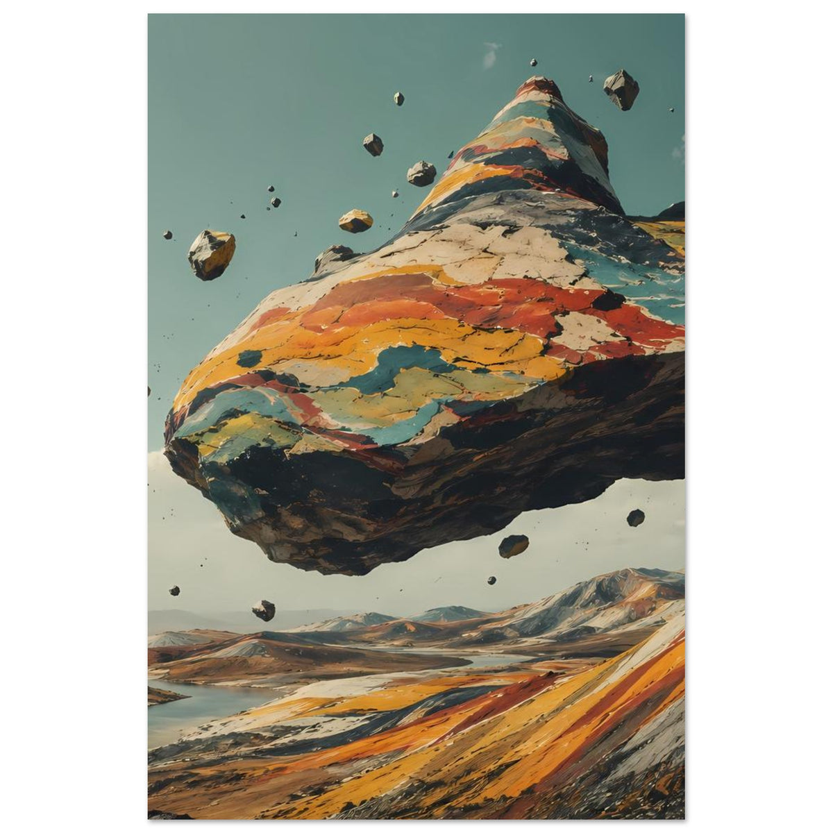 Kunstposter im Hochformat mit schwebendem Berg aus bunten Mustern und herumfliegenden Gesteinsbrocken