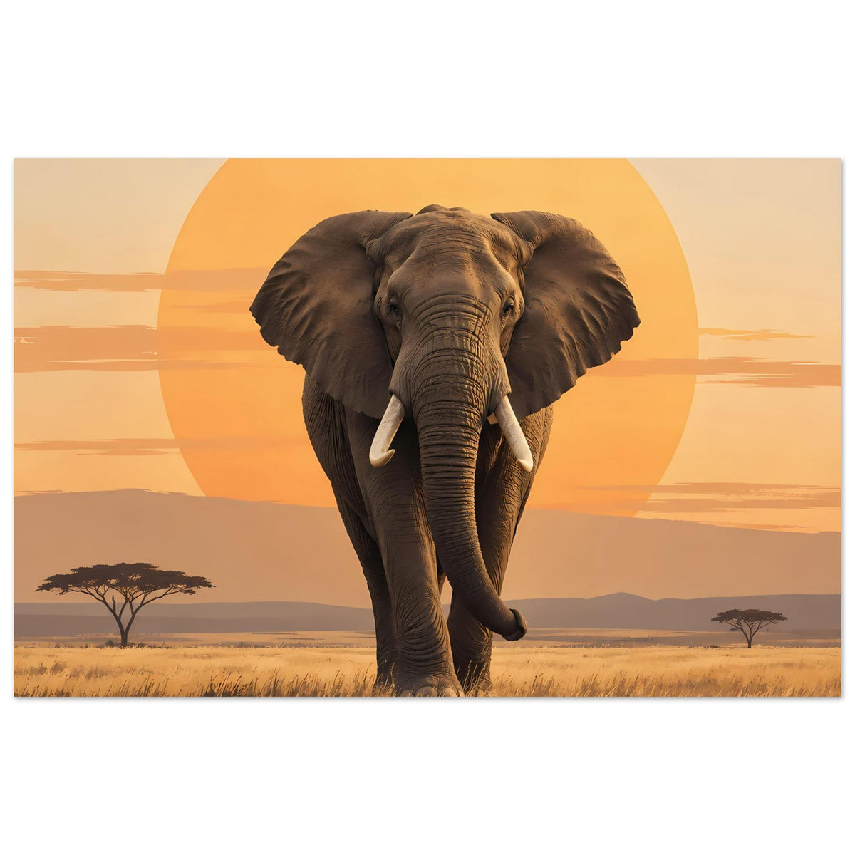 Elefanten-Sonnenuntergangsposter mit laufendem Elefanten im Vordergrund, quer