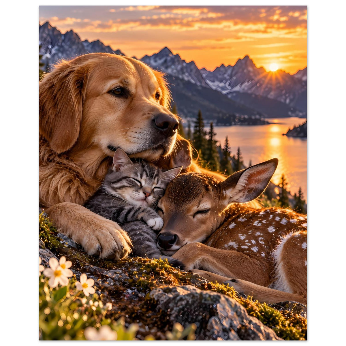 Poster mit Golden Retriever, Katze und Rehkalb, Sonnenuntergang über Bergen
