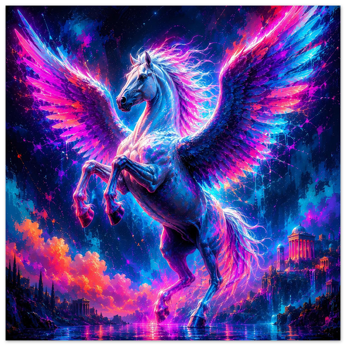 Leuchtendes Pegasus-Poster im Querformat: blauer Pegasus mit Neon-Glanz und Flügeln