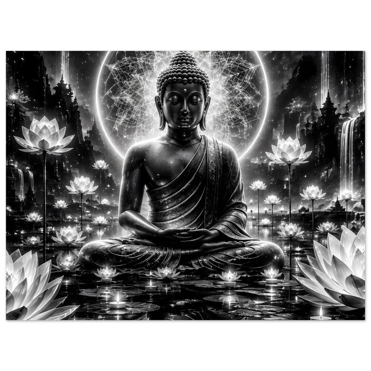 Buddha-Poster Schwarzweiß: meditiere Figur mit leuchtendem Kreis, Lotusblüten und Meditationslicht