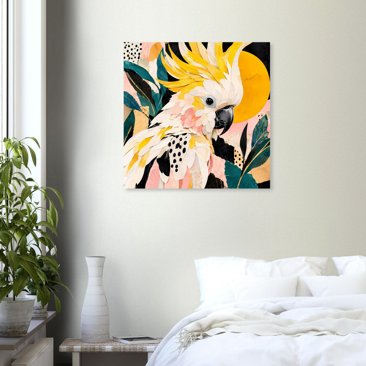 Buntes Kakadu-Vogelkunst-Poster mit schwarzen Rahmenkanten, Tropenblättern und Sonne