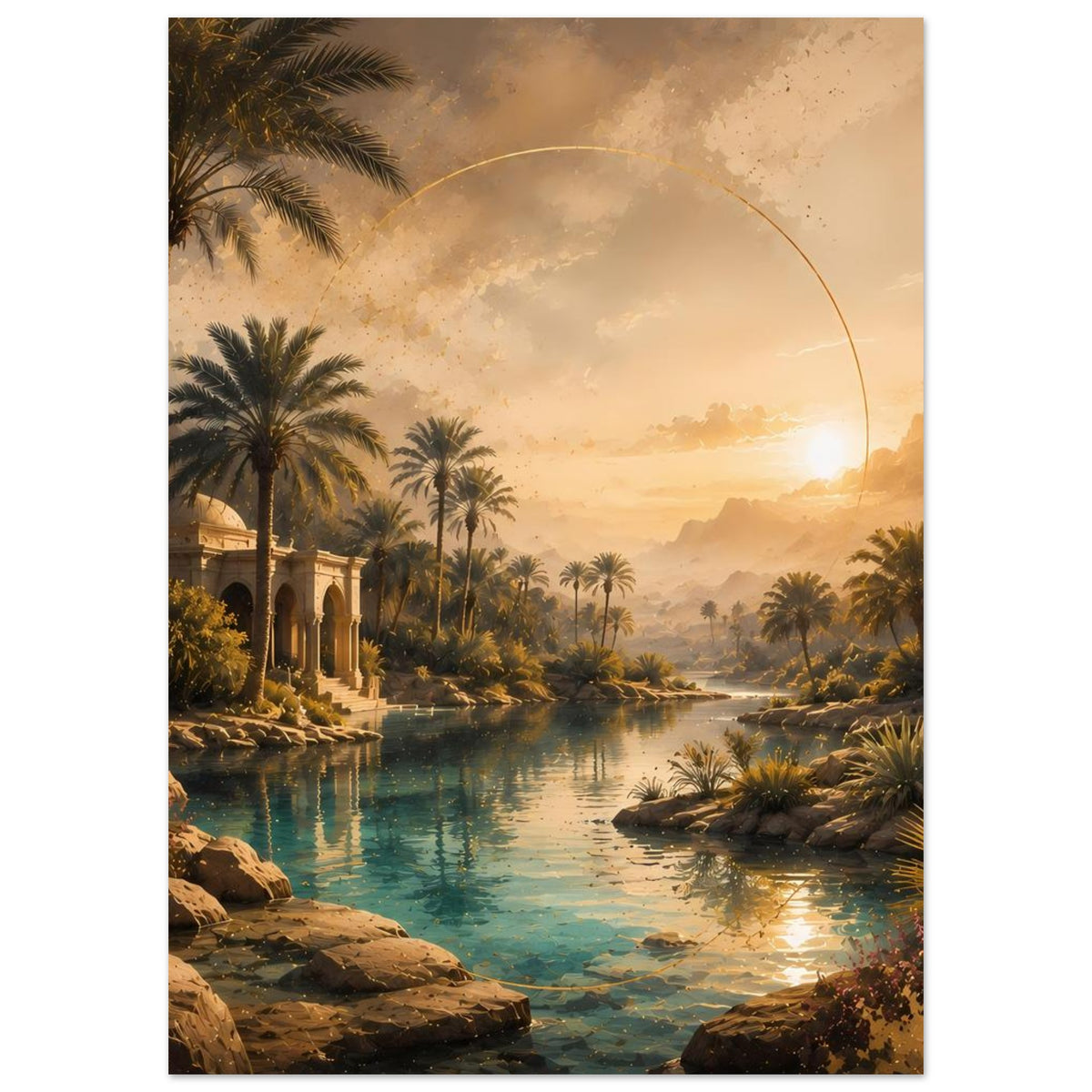 Vertikales Tropen-Poster mit Palmen, türkisfarbenem Wasser und orientalischem Pavillon