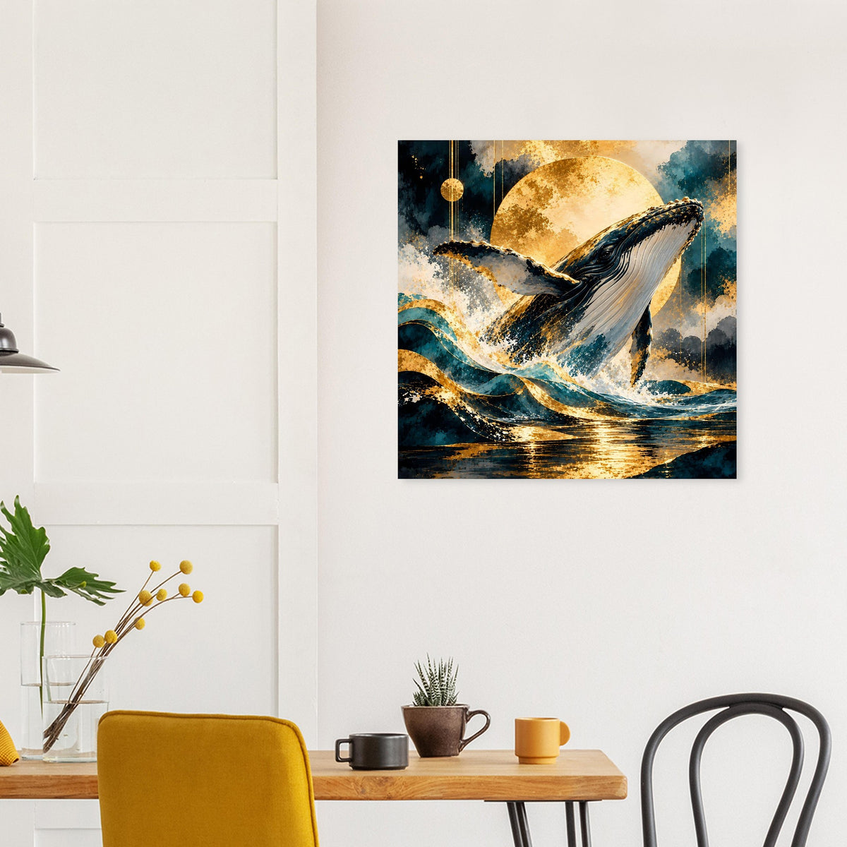Quadratisches Poster mit Buckelwal und goldenen Wellenreflexen, Mond am Himmel