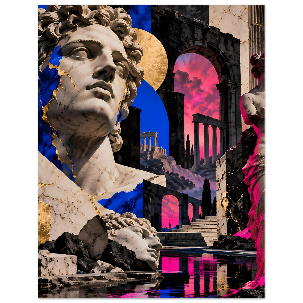 Kunstposter mit klassischer Statue, blau-pinkes Licht, Säulen und Treppen, Hochformat