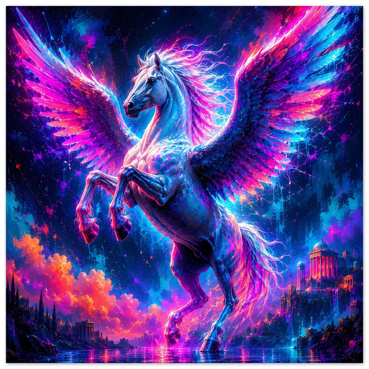 Leuchtendes Pegasus-Poster, hochkant: Pegasus mit Flügeln in intensiven Neonfarben