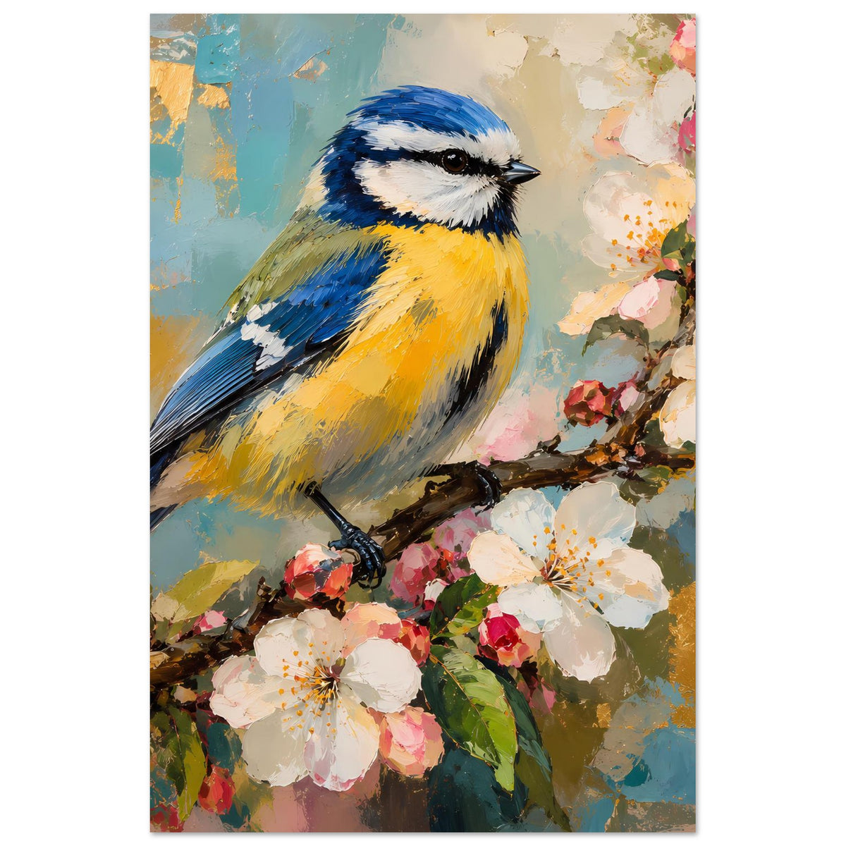 Vogelkunst-Poster hochkant: blauer und gelber Vogel auf Zweig mit weißen und rosa Blüten