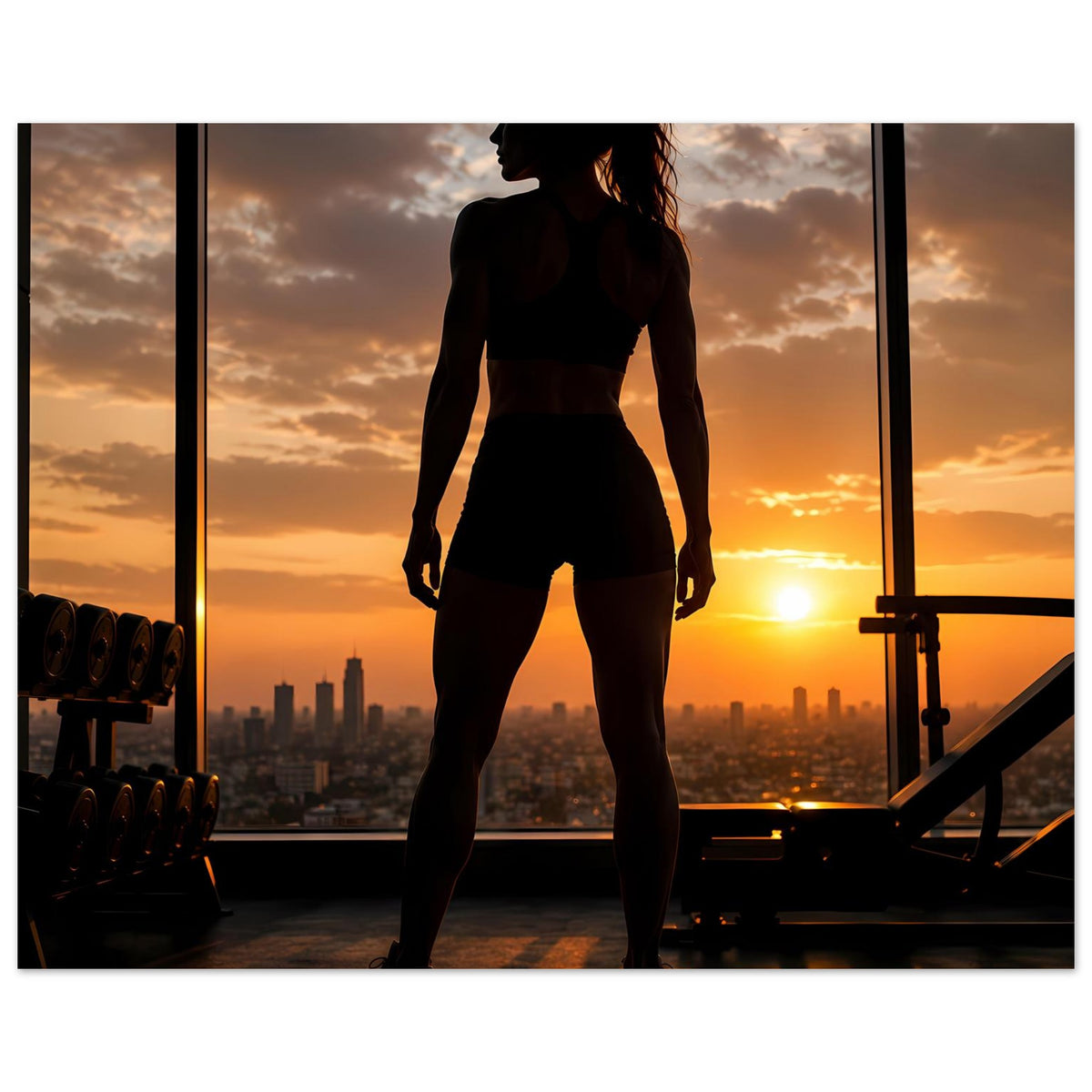 Fitness-Poster im Querformat: Sportlerin als schwarze Silhouette vor hellem Sonnenuntergang