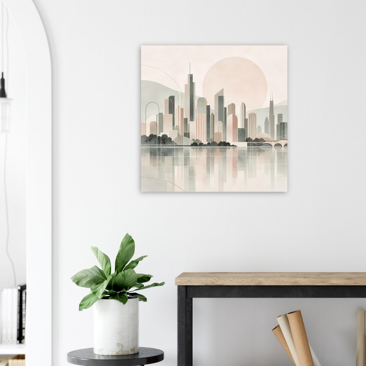 Quadratisches Stadtposter mit Stadtansicht in Pastell, rundem Lichtkreis und Reflexion