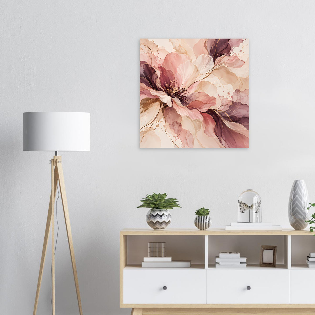 Blütenposter mit rosa- und beerenfarbenem Blumenmotiv, quadratisch gerahmt