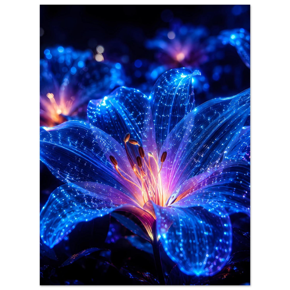 Blumenposter, vertikal: blaue leuchtende Blüte mit Glitzer-Details und warmem orangefarbenem Kern