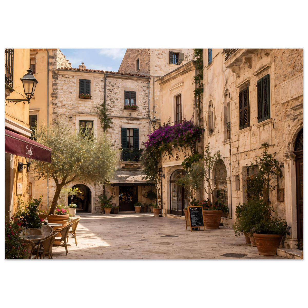 Poster mit mediterraner Altstadtgasse und Café-Terrasse, Querformat