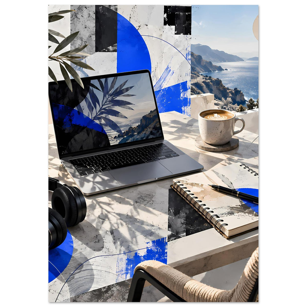 Hochformatiges Poster mit Laptop und Tasse vor Küstenmeer, abstrakte blaue Kreise