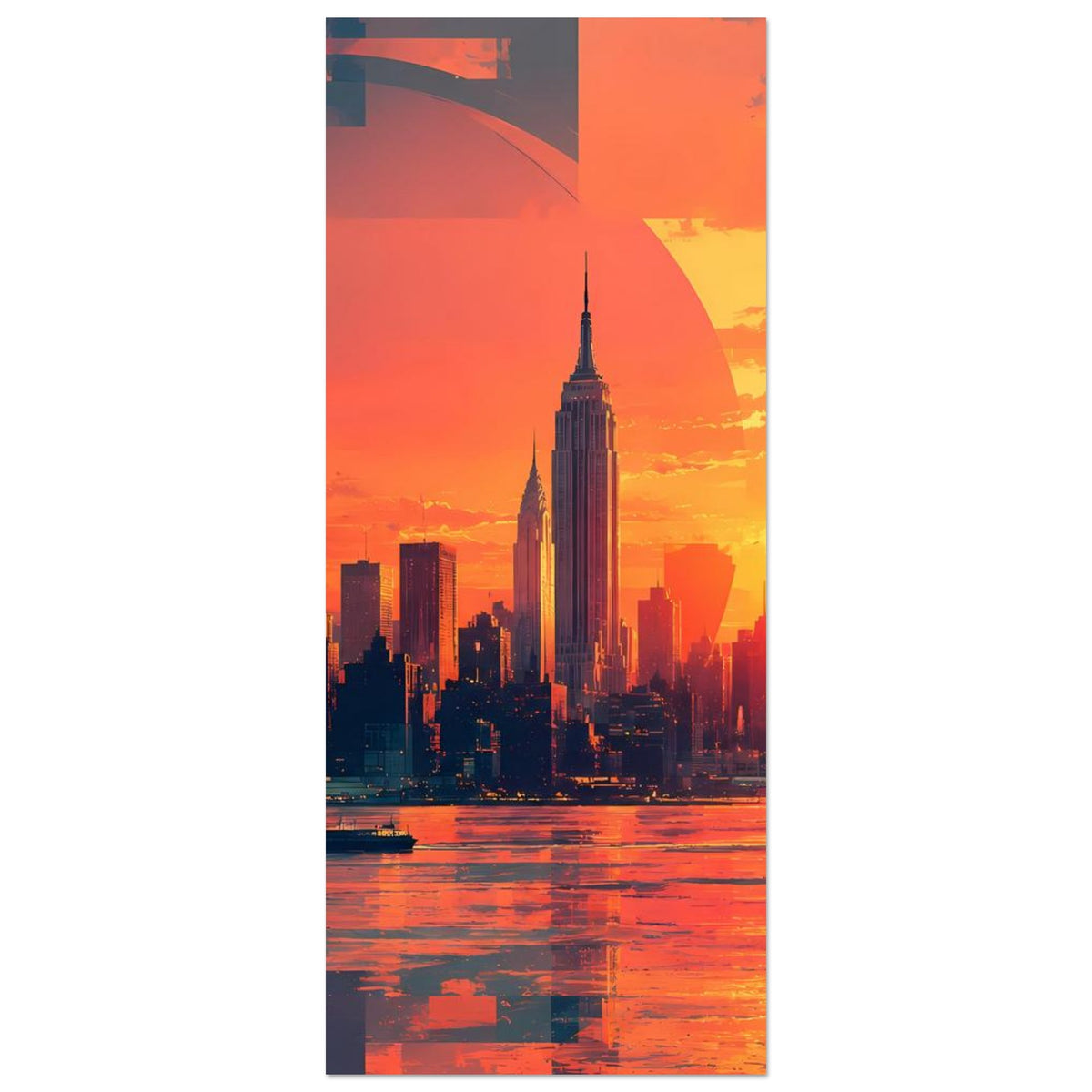 Vertikales Skyline-Poster bei Sonnenuntergang, große Sonne rechts, Wasser unten