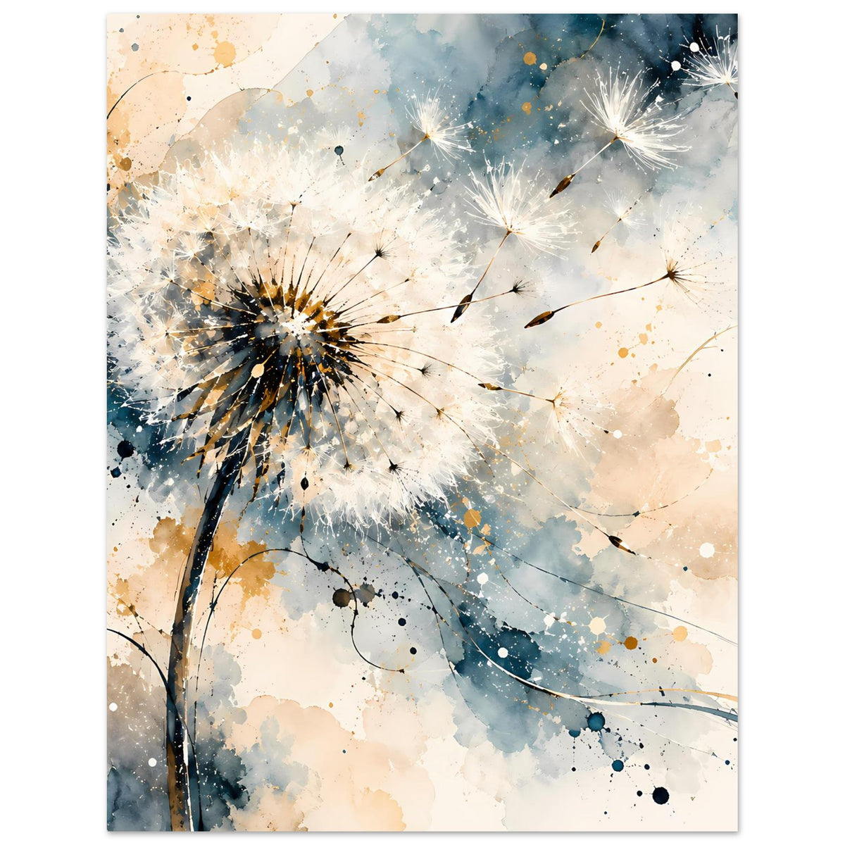 Kunstposter-Ausschnitt mit Pusteblume und mehreren schwebenden Samen, blau-gold
