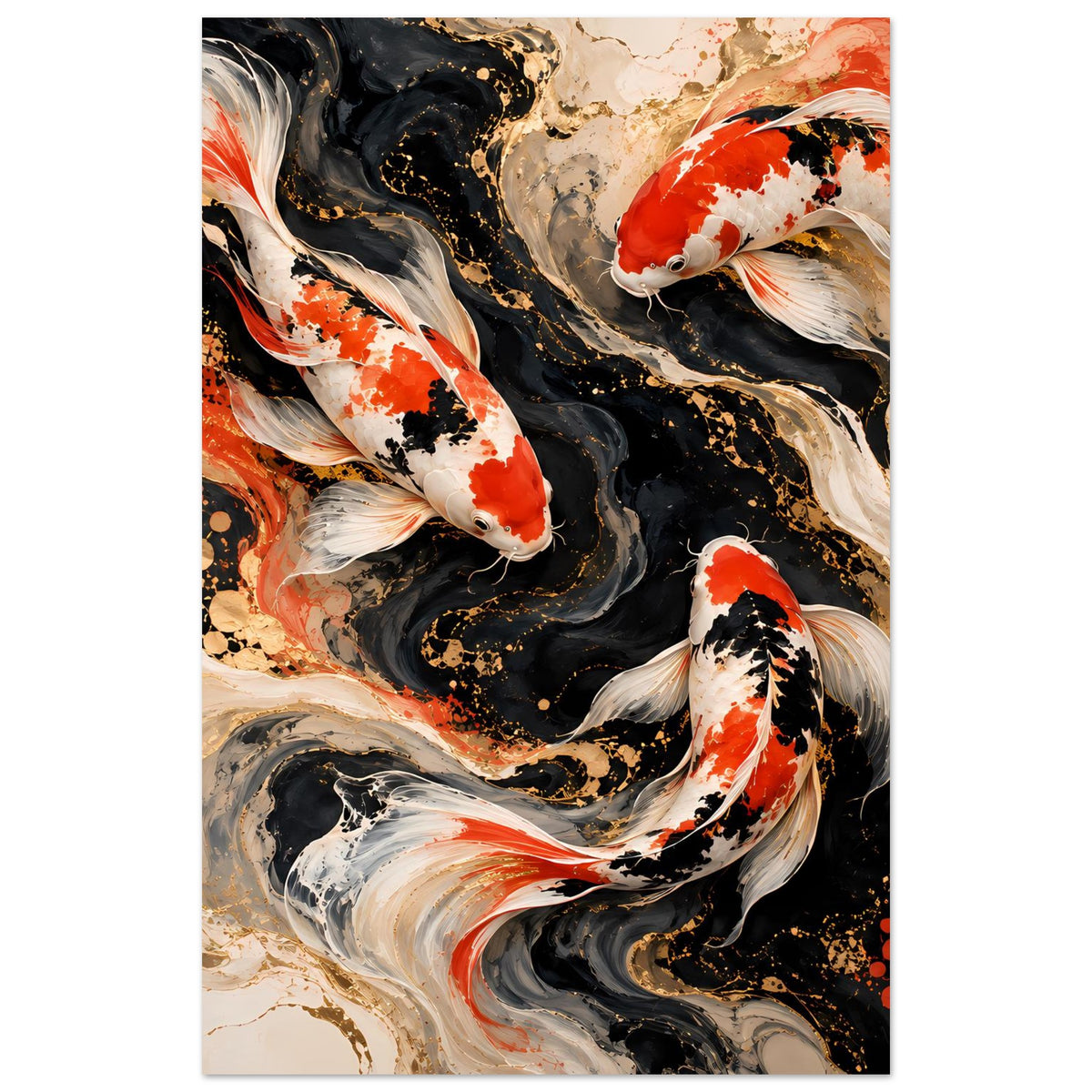 Kunstposter, hochformat: Koi-Fische in Rot-Weiß auf dunklem Wirbel mit goldenen Sprenkeln