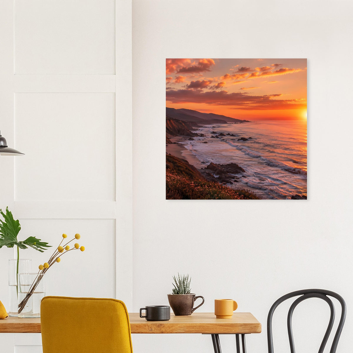 Quadratisches Poster mit Sonnenuntergang an der Küste und spiegelndem Meer