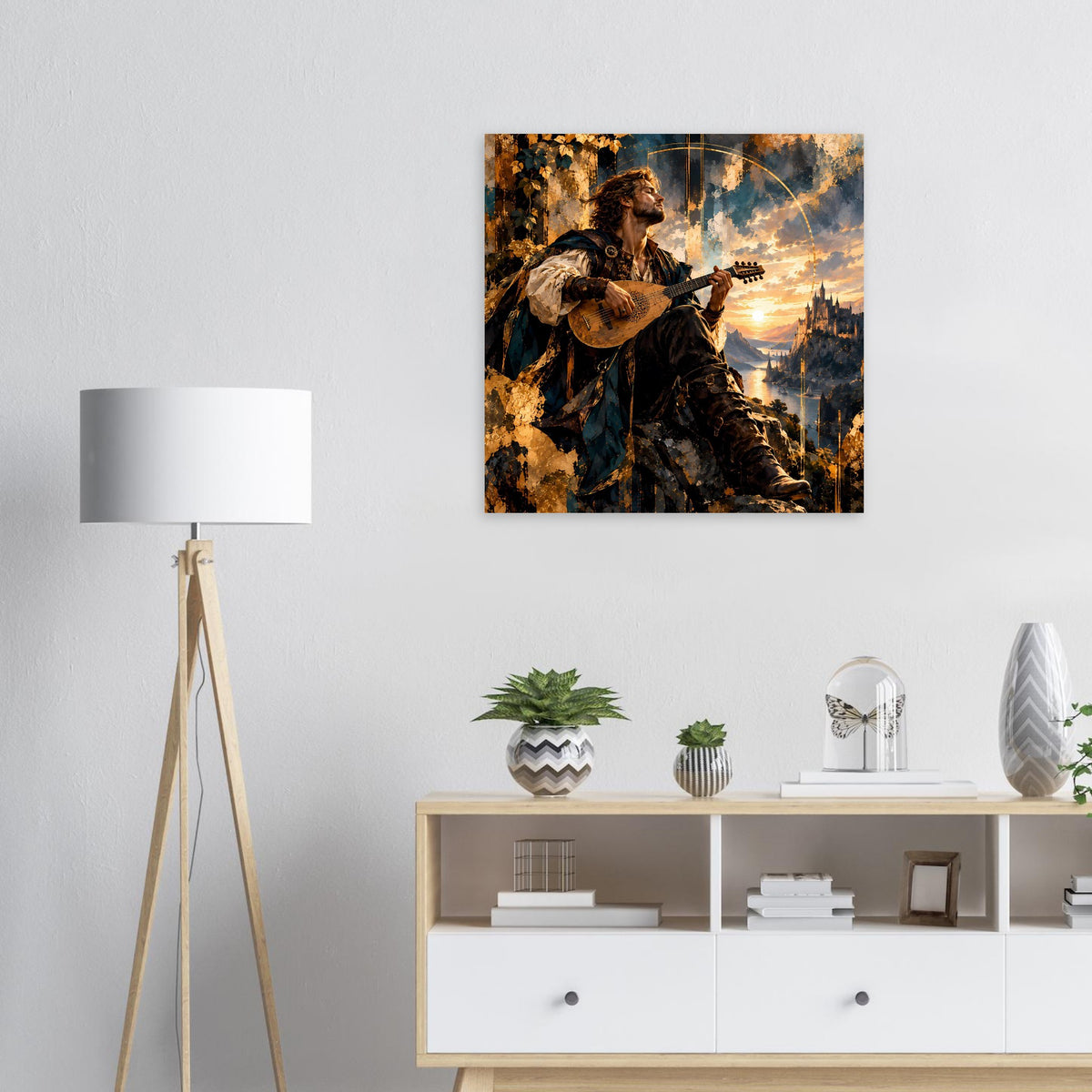 Quadratisches Fantasy-Poster: Barde spielt Gitarre vor Sonnenuntergang und Schloss