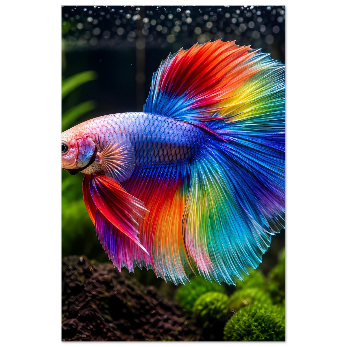Poster mit Kampffisch-Betta: dreieckig wirkende Flossen, Regenbogenfarben von Rot bis Blau