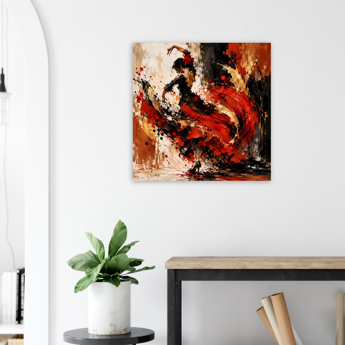 Poster mit abstrakter Flamenco-Tänzerin, roter Rock, schwarze Akzente, Spritztechnik