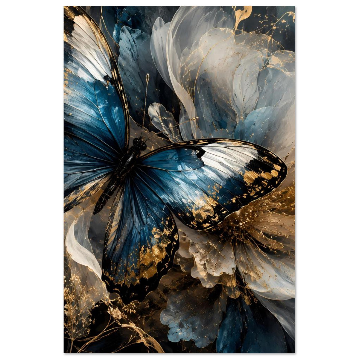 Vertikales Poster mit blauem Schmetterling und goldenen Sprenkeln auf dunklem Hintergrund