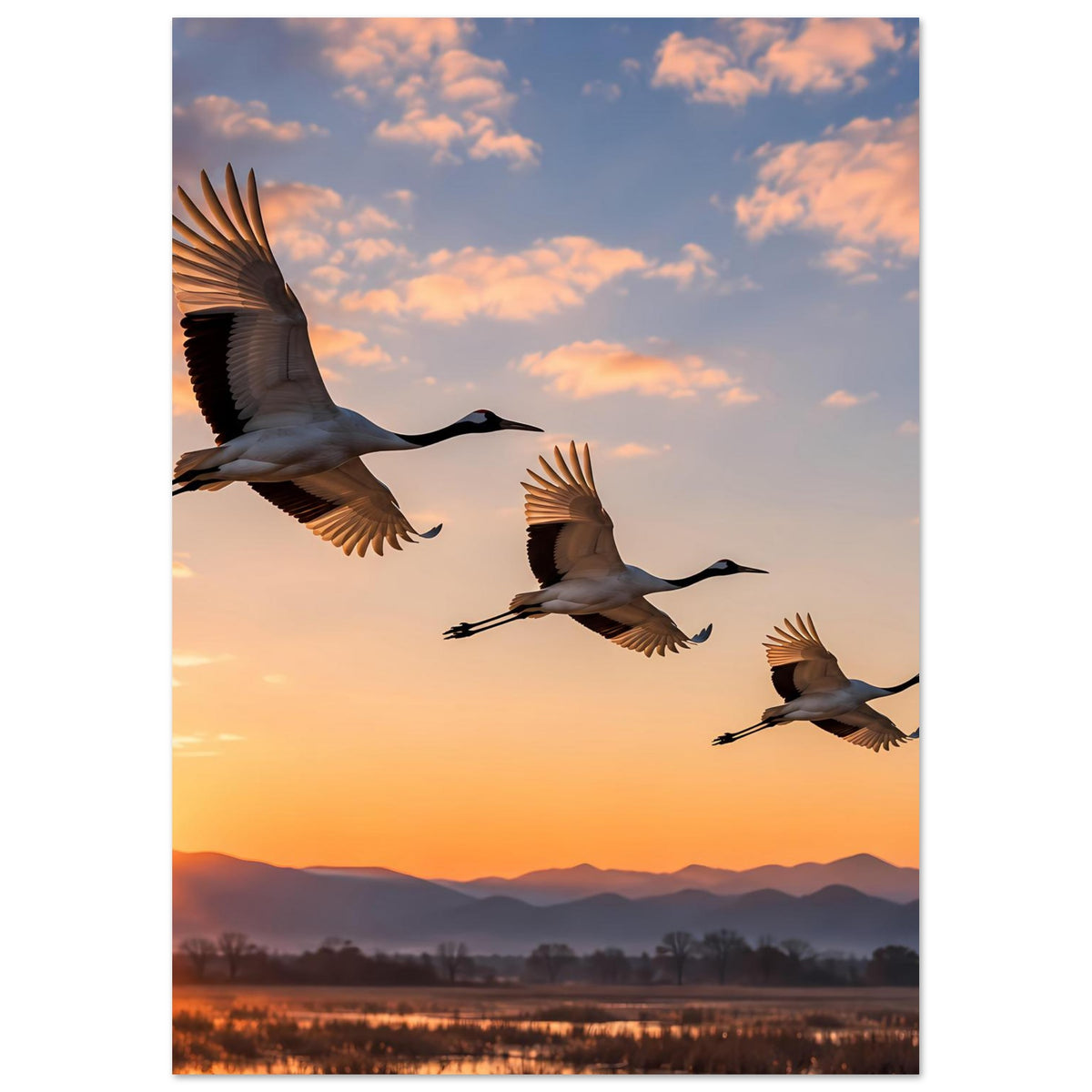 Poster mit drei Kranichen im Flug vor orangefarbenem Abendhimmel und Landschaft