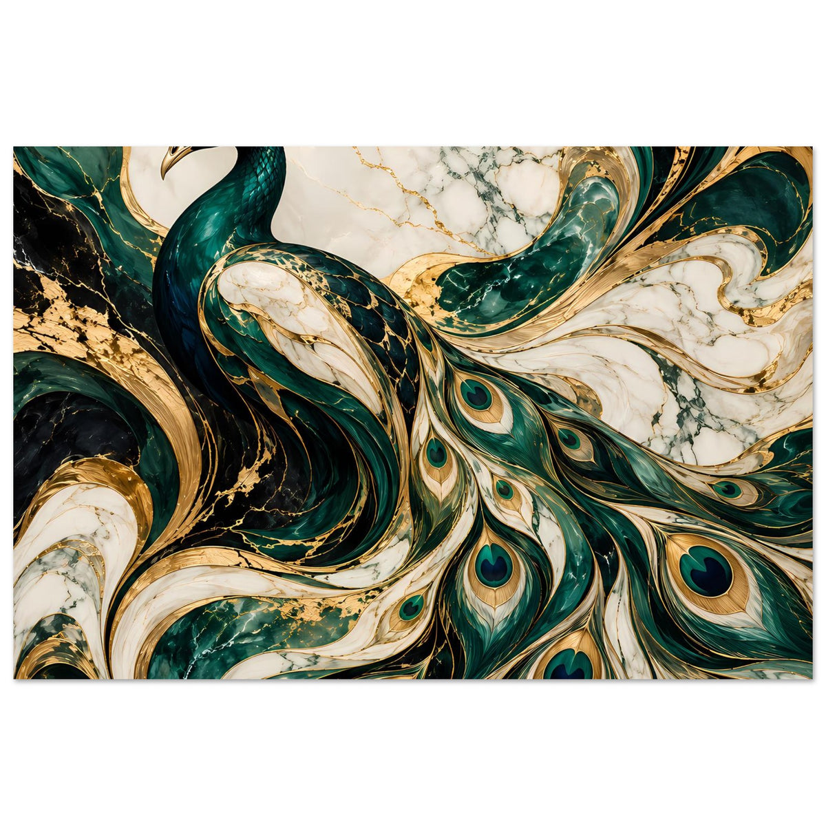 Poster mit Pfau in Smaragdgrün und Gold, stilisierte Federn, marmorierte Akzente