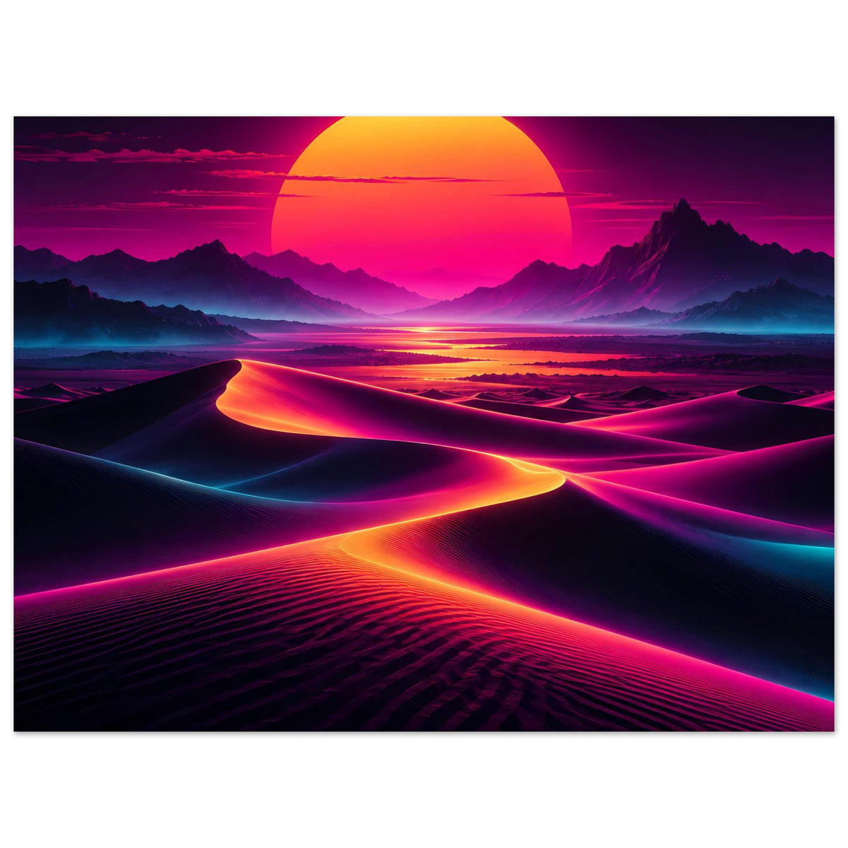 Neon-Wüstenlandschafts-Poster im Querformat mit großer Sonne, rosa-blauen Lichtspuren und Dünen