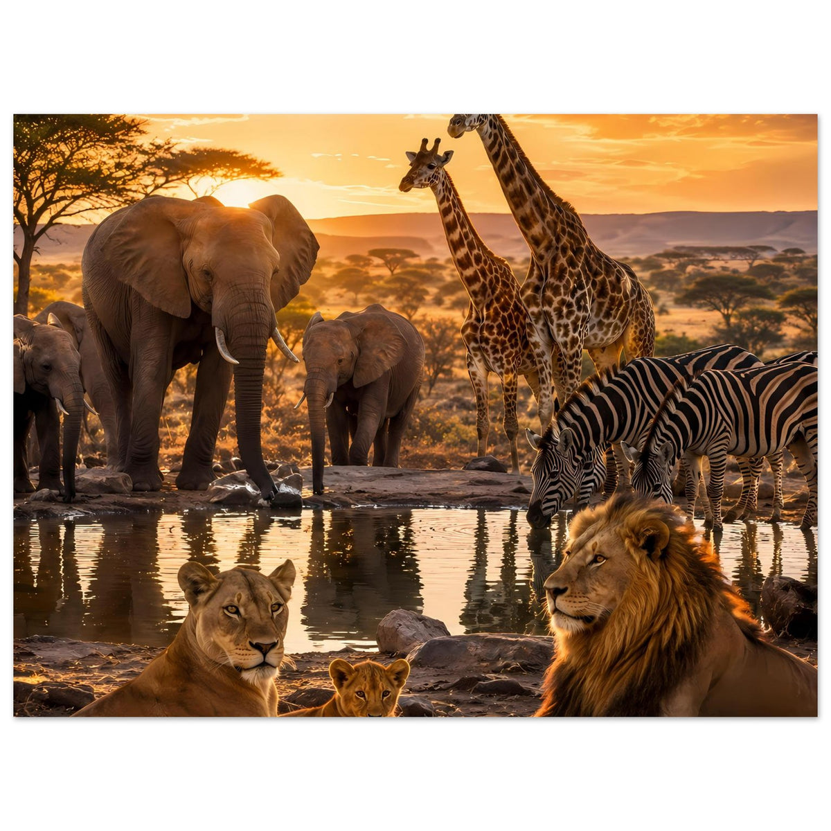 Querformat-Poster mit Löwen, Elefanten, Giraffen und Zebras im Sonnenuntergang.