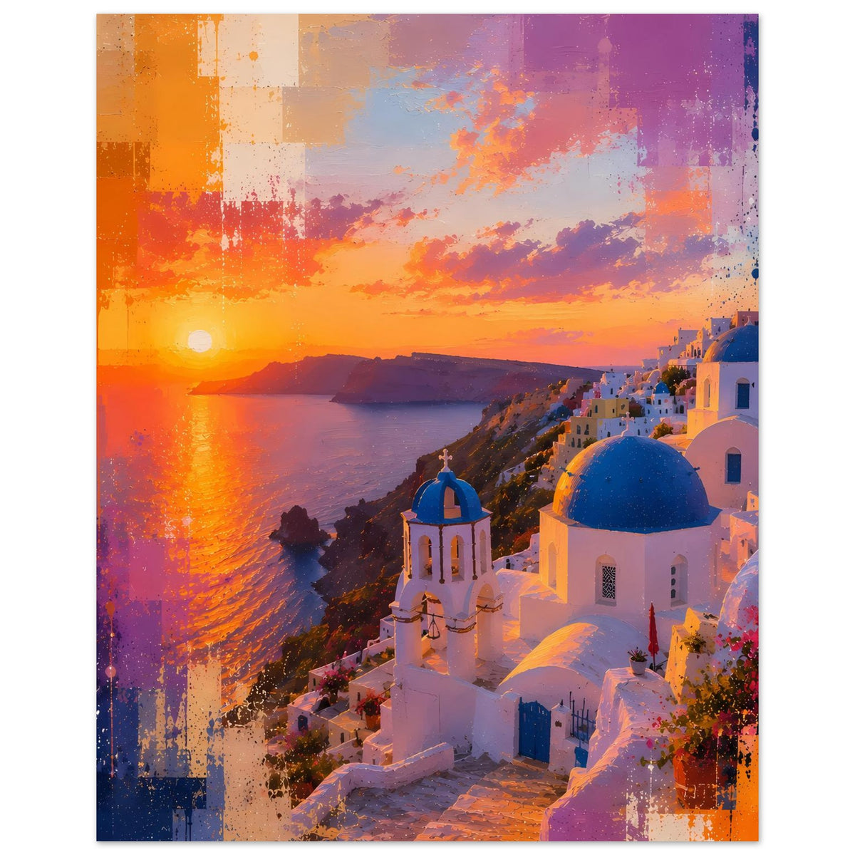 Santorini-Sonnenuntergangs-Poster mit blauem Kuppeldach, Kirche und Meer bei Dämmerung