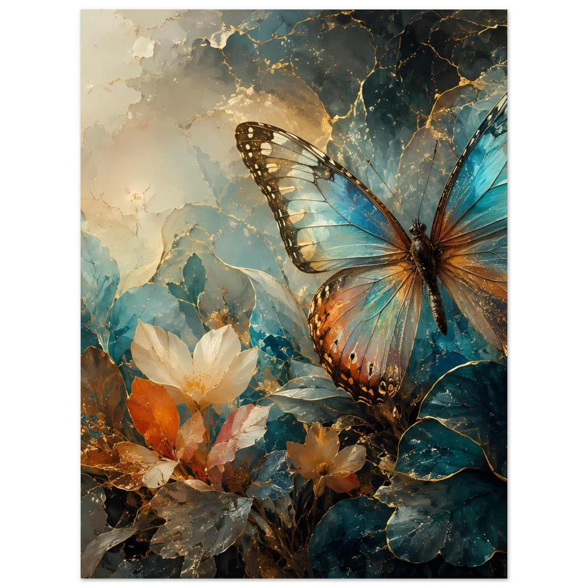 Poster mit Schmetterling und Blüten in warmen Blau- und Goldtönen, rechteckig