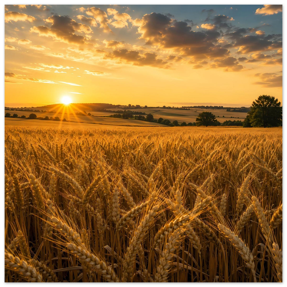 Wandposter Weizenfeld bei goldenem Licht, tiefer Horizont und Sonne links