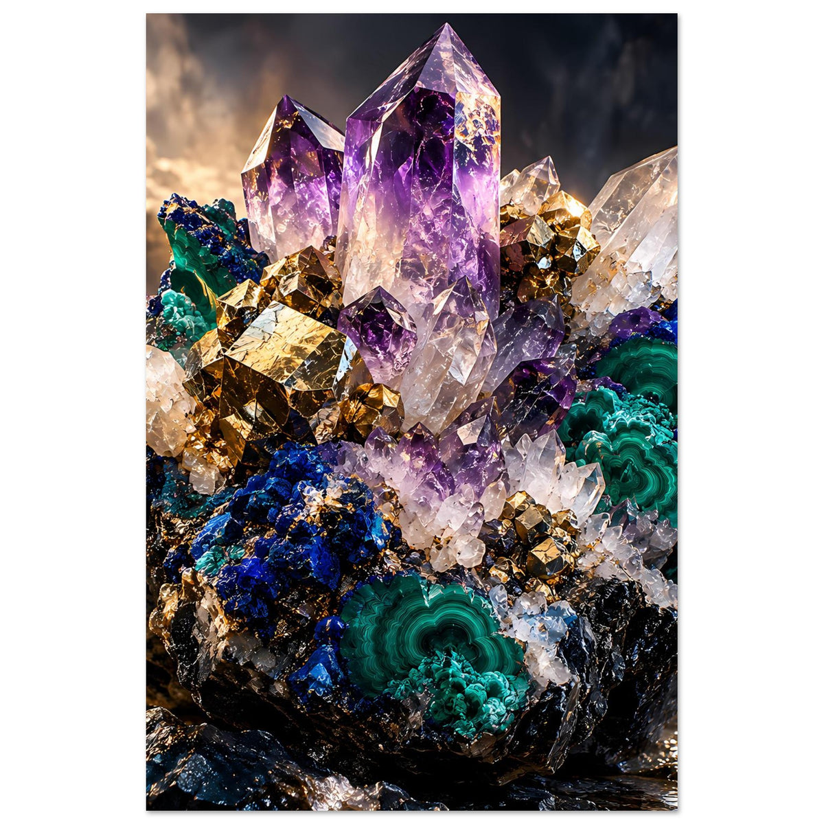 Kristallposter mit großen lila Amethystkristallen, goldenen Akzenten und grünen Malachit-Highlights