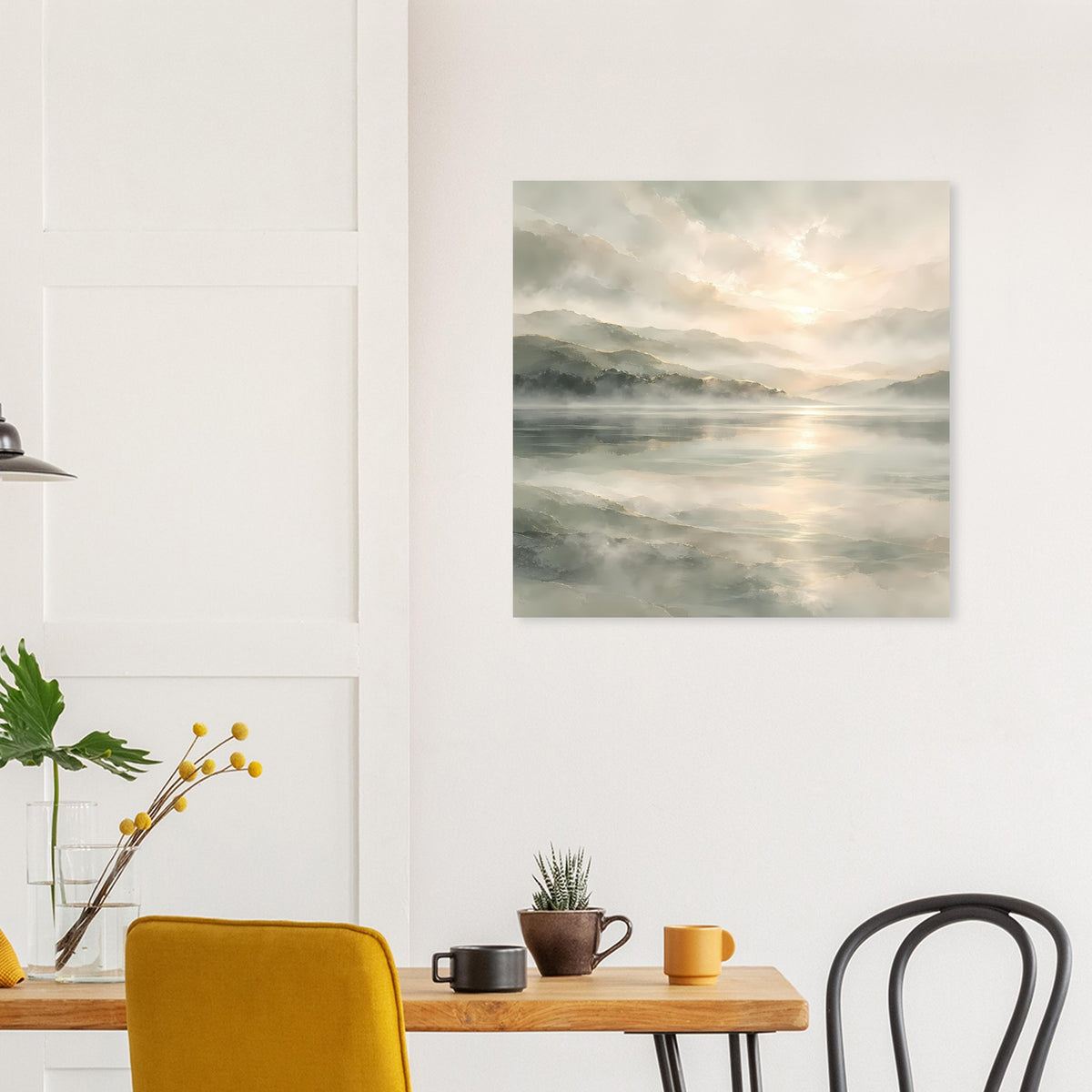 Quadratisches Poster mit Spiegelung im Wasser und Himmelsglühen bei Sonnenuntergang