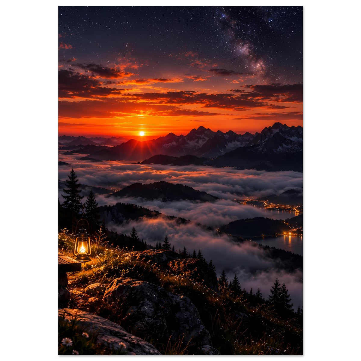 Landschaftsposter: Sonnenaufgang, dramatische Wolken über Bergen, Nebelmeer und See im Licht