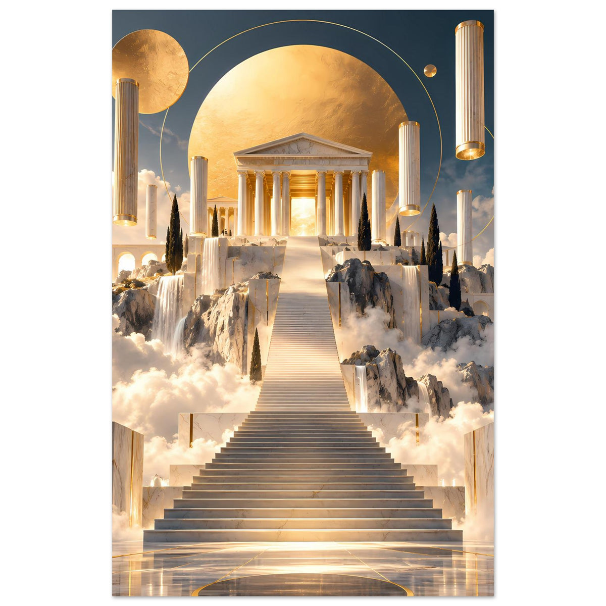 Vertikales Wandposter: Säulenhalle mit goldenem Bogen, Treppe, Wolken und Licht