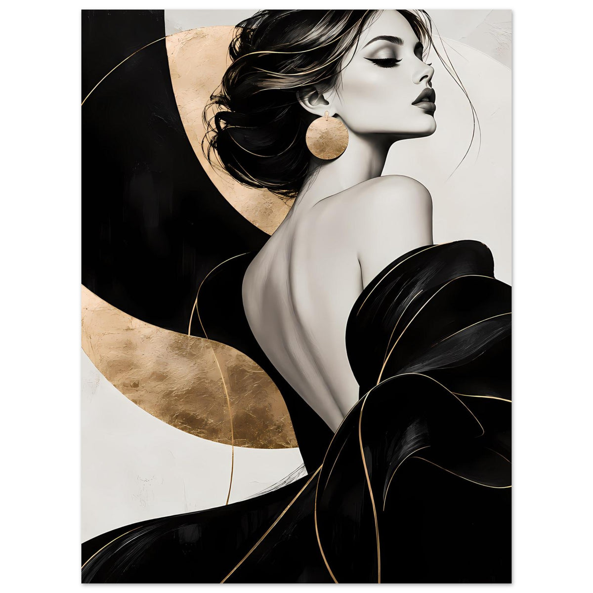 Poster: elegantes Frauenporträt mit goldenen Ohrringen und dunklem Federumhang
