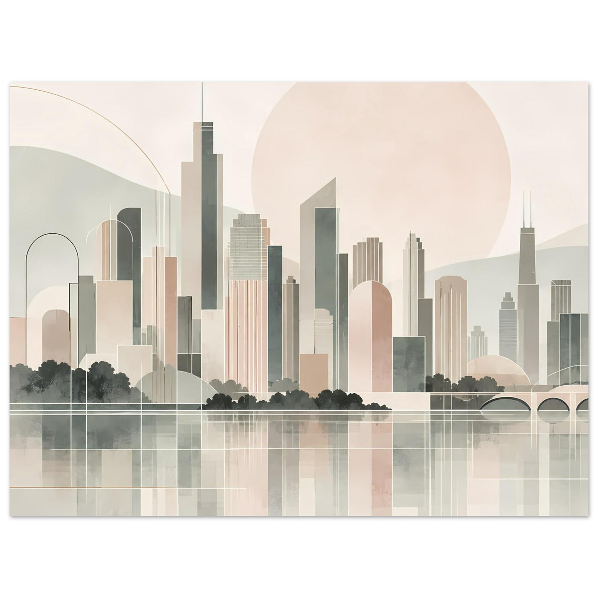 Breites Stadtposter mit Skyline, großer Sonnenscheibe und Brücke über dem Wasser, gerahmt.
