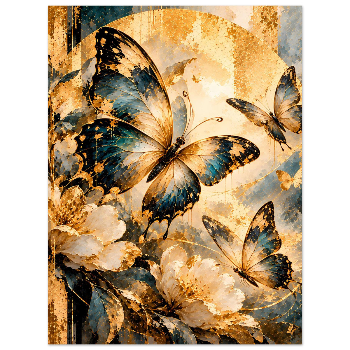 Poster im Hochformat mit Schmetterlingsmotiv in Blau, Schwarz und Gold