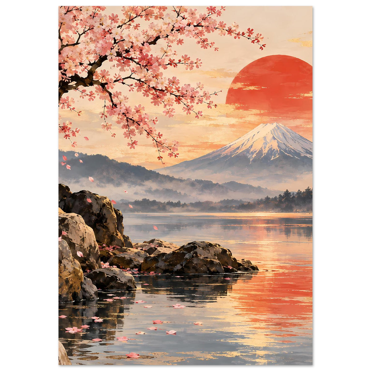 Poster im Hochformat mit Kirschblütenast, Fuji, See mit roten Reflexen und Steinen