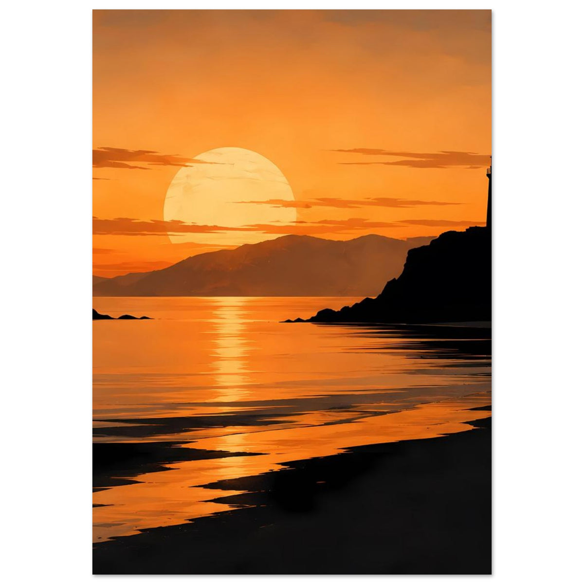 Küstenposter im Hochformat: orangefarbener Himmel, Leuchtturm rechts am Ufer