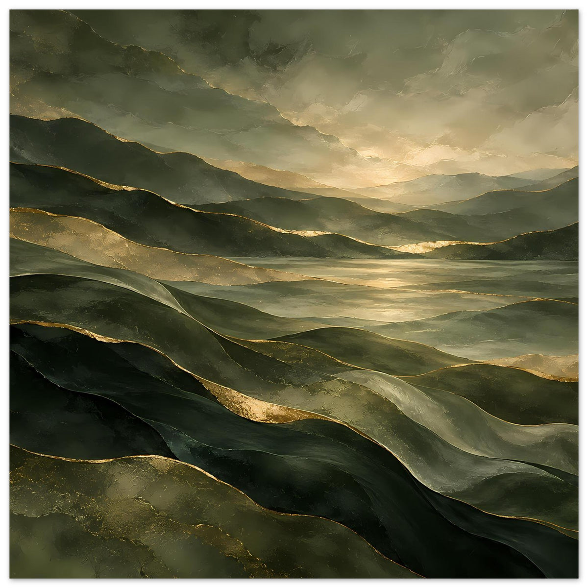 Landschafts-Poster mit sanften Berglinien in Grün und Gold, dunstiger Himmel