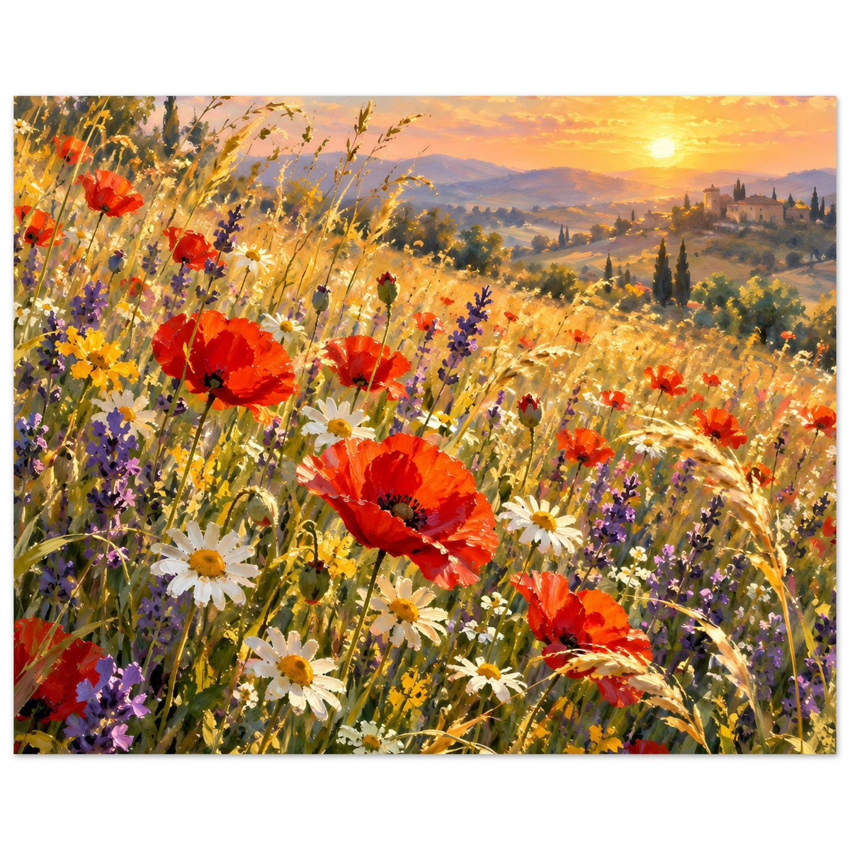 Hochformatiges Poster mit Wildblumen und Sonnenuntergang, rote Mohn- sowie weiße Gänseblümchen