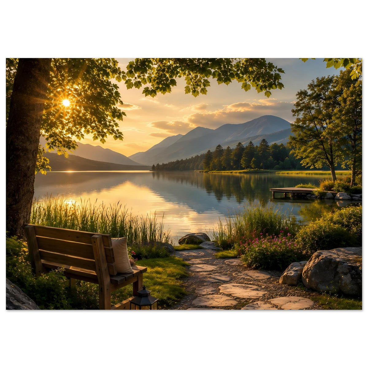 Kunstdruck-Poster mit ruhigem See bei Sonnenuntergang, Bank und Laterne am Ufer