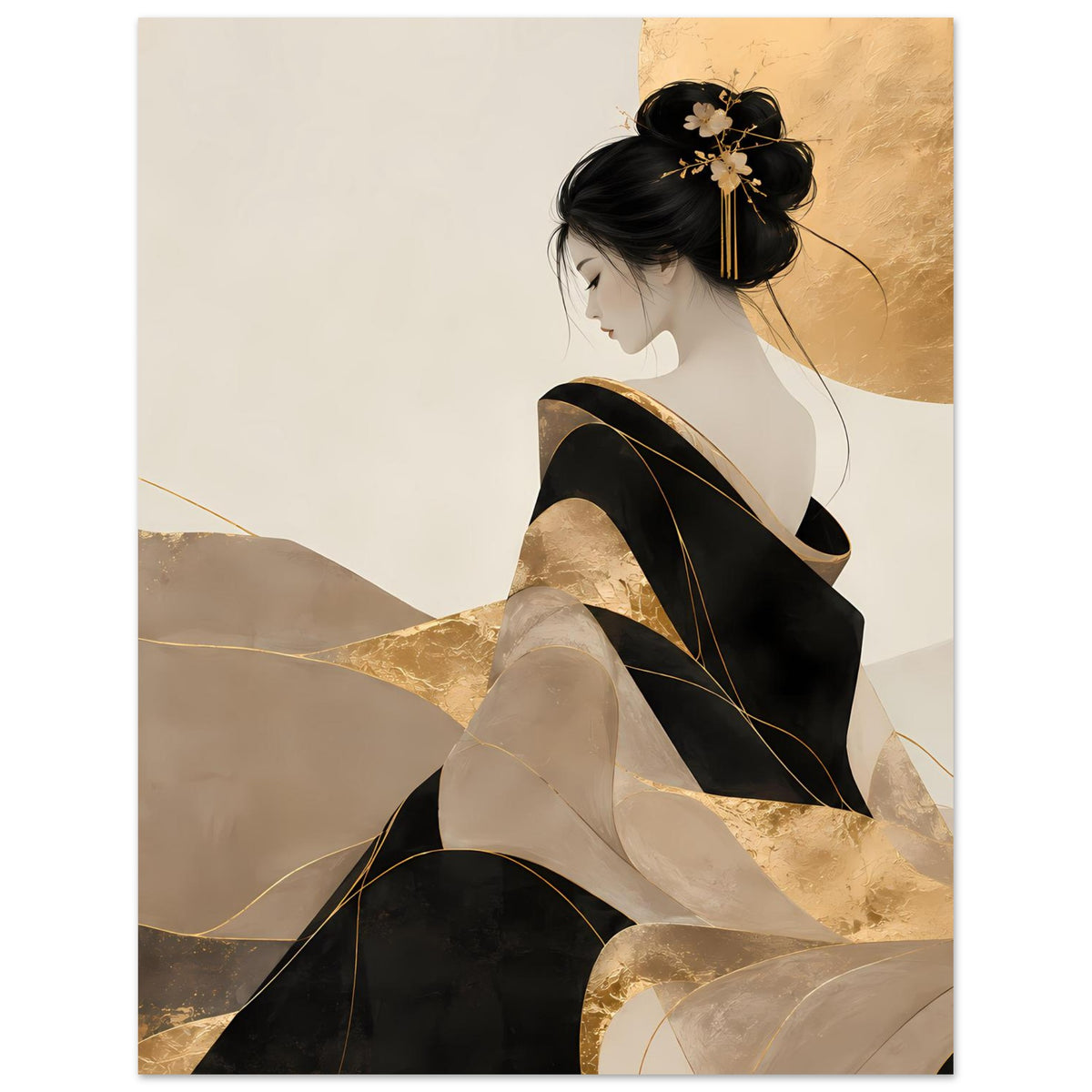 Kunstposter mit Portraitausschnitt der Frau, schwarzer Stoff mit goldenen Linien, abstrakte Flächen